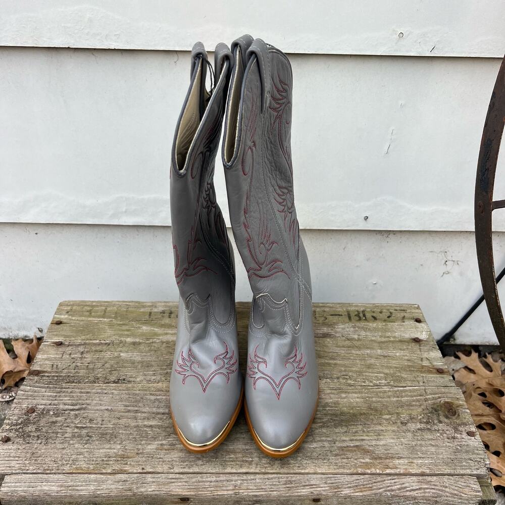 Vintage 80s Acme Gray High Heeled Cowgirl Western Boots 7M - Picture 2 of 8